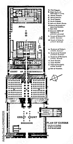 Plan of Karnak near Luxor vintage engraving.