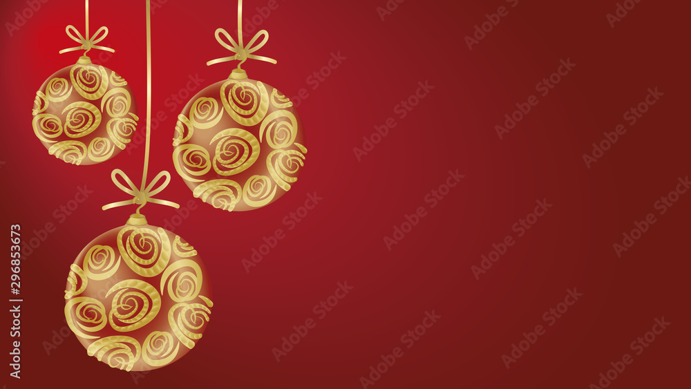 Drei rote Christbaumkugeln mit goldigen Rosenornamenten auf rotem Hintergrund. Drei rote Christbaumkugeln mit goldigen Rosenornamenten auf rotem Hintergrund.
