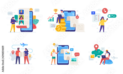 People use gadgets. set of icons  illustration. Smartphones tablets user interface social media.Flat illustration Icons infographics. Landing page site print poster.