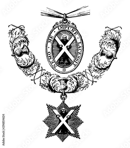 Insignia of the Order of the Thistle is formed of a figure of St. Andrew vintage engraving.