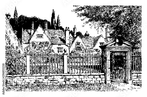 The Formal Garden avebury Landscape artist vintage engraving.