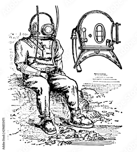 Diving to dress and diving to helmet vintage illustration