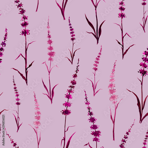 Fototapeta Naklejka Na Ścianę i Meble -  Pink plants abstract seamless pattern, watercolor drawing, background for various designs. print for fabric.