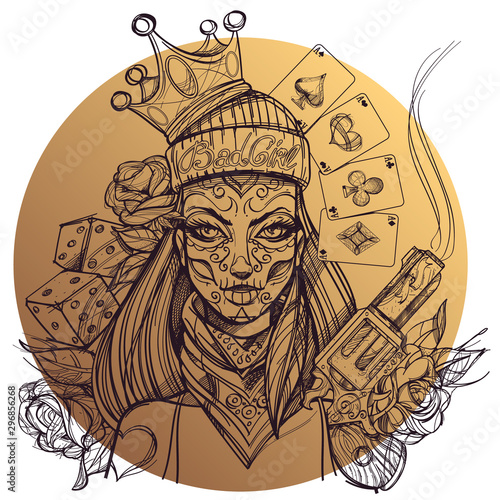 Girl death. Portrait of a woman with halloween makeup. Day of the Dead a coloring face. Bandit woman for t-shirt design or print.