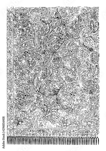 Cashmere Shawl is weaved in a Jacquard loom vintage engraving.