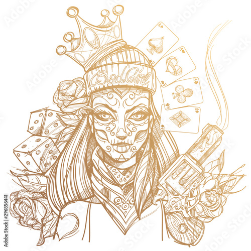Girl death outline illustration for coloring. Portrait of a woman with halloween makeup. Day of the Dead face. Bandit woman for t-shirt design or print.