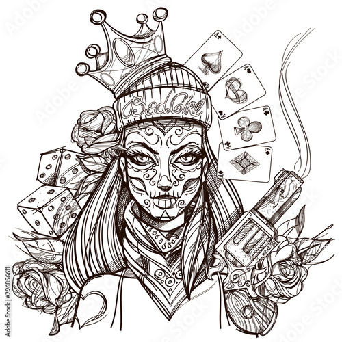 Girl death outline illustration for coloring. Portrait of a woman with halloween makeup. Day of the Dead face. Bandit woman for t-shirt design or print.