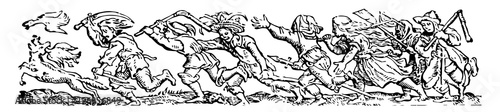 Banner have people with tools and weapons chasing after a duck and fox with an animal in its mouth in this picture, vintage engraving.