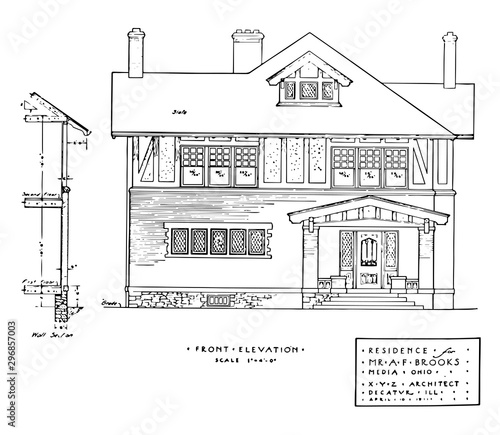 Resident Front Elevation elevations of residential buildings vintage engraving.