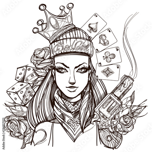 Girl death outline illustration for coloring. Portrait of a Bandit woman for t-shirt design or print.