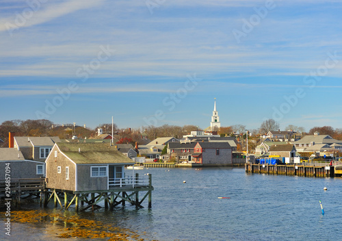 View of Nantucket from harbor with church steeple, Nantucket, Cape Cod, MA