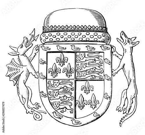Shield of Jaspar Tudor are second son of Queen Catherine and Owen Tudor vintage engraving.