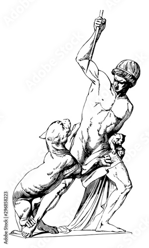 Group of Statuary represents a man defending himself from a tigress vintage engraving.