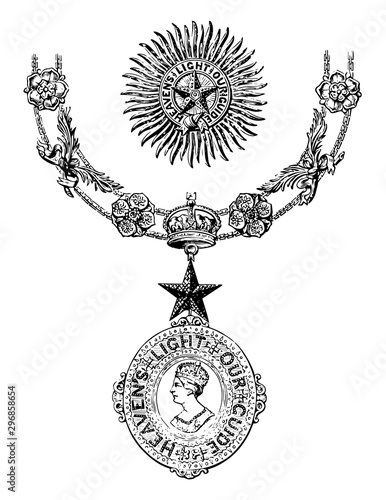 Insignia of the Order of the Star of India vintage engraving.