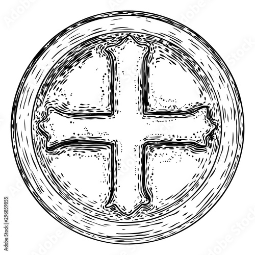 Circular decorative Christian religion cross design. Religious circle crucifixion symbol carved in marble stone. Vector.