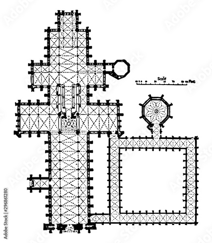 Plan of Salisbury Cathedral The square eastern termination vintage engraving.