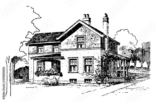 House of Shingles and Plaster design vintage engraving.