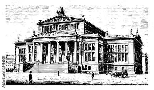 Theatre at Berlin is noteworthy for its magnificent façade vintage engraving.