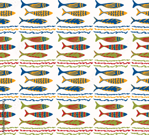 Sardines Shoal of Fish Seamless Vector Pattern. Swimming Sea Animal Motif for Lisbon St Anthony Portugese Food Festival. Graphic for Traditional Recipe Party, Canned Seafood Packaging. Vector EPS10