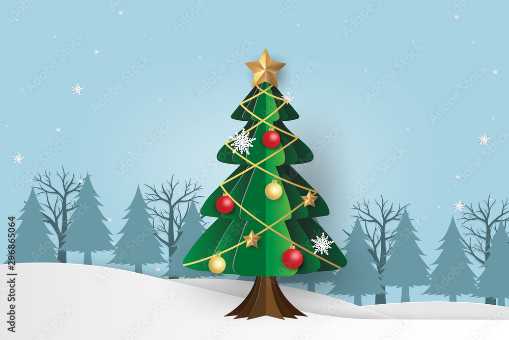 Merry Christmas and Happy New Year. Christmas tree with decoration with snowflakes. Paper art style. Merry Christmas and Happy New Year. Christmas tree with decoration with snowflakes. Paper art style.