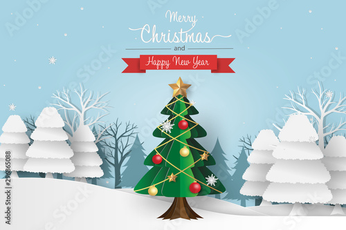 Merry Christmas and Happy New Year. Illustration of winter season and Christmas tree with decoration in the forest. Paper art style.