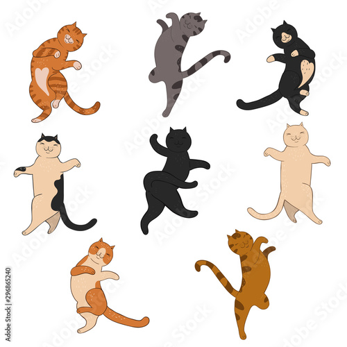 Set of dancing cats isolated on white background.