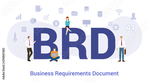 brd business requirements document concept with big word or text and team people with modern flat style - vector