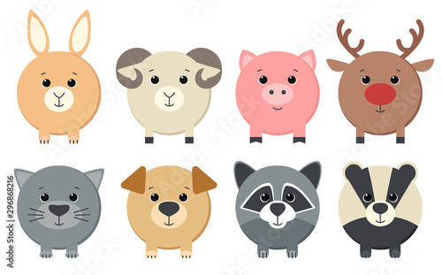 Set of cute animals. Stylized round shape. Children's illustration. Wild, farm and domestic animals, mammals isolated on white background. Vector.
