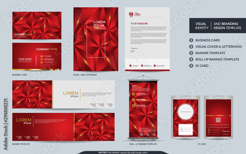 Modern red polygonal stationery mock up set and visual brand identity with abstract overlap layers background.