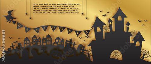 Happy Halloween banner with pumpkins spiders and castle in paper cut style. Vector illustration. 