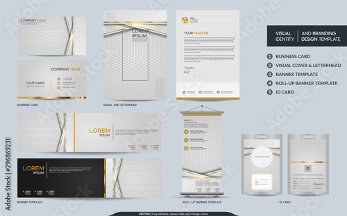 Luxury white gold stationery mock up set and visual brand identity with abstract overlap layers background.