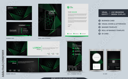 Modern black green stationery mock up set and visual brand identity with abstract overlap layers background.