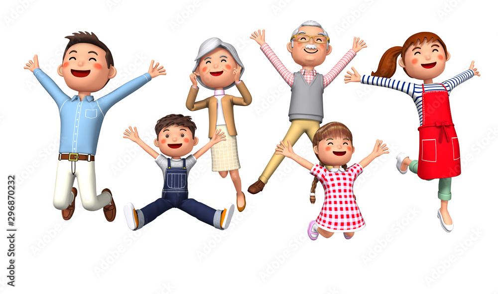 Illustration of 3rd generation parent and child jumping in 3d rendering Illustration of 3rd generation parent and child jumping in 3d rendering