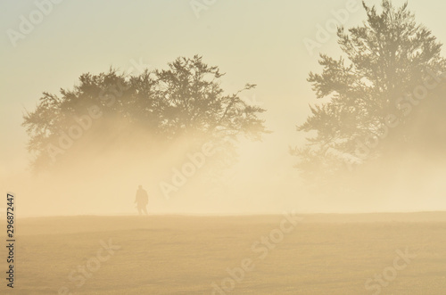 a man walking through the fog