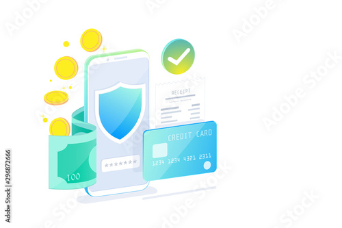Online Mobile Banking and Internet banking isometric design concept , Cashless society, security transaction via credit card.