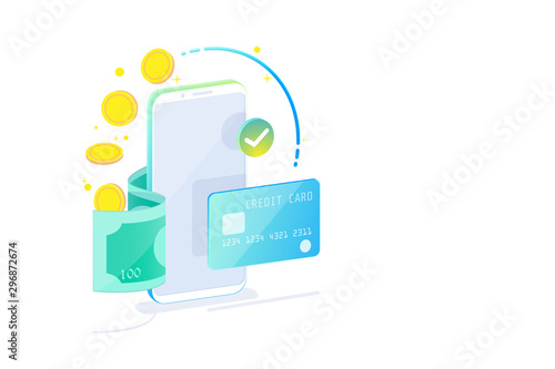 Online Mobile Banking and Internet banking isometric design concept , Cashless society, security transaction via credit card.