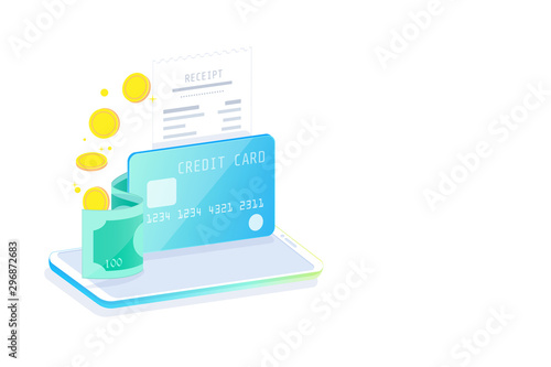 Online Mobile Banking and Internet banking isometric design concept , Cashless society, security transaction via credit card.