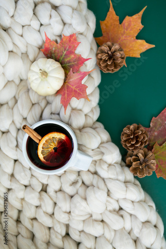 Spiced cider with orange and cinnamon on green background with fall leaves and pinecones, chunky wool knit blanket © Deidre