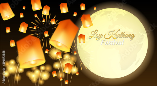 Loy Kratong thailand festival .Design with moon, lantern and river on night background .vector.