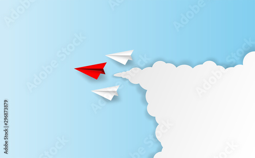 Business  leadership ,financial concept. Red paper plane leadership  to sky go to success goal. paper art style. creative idea. vector illustration.