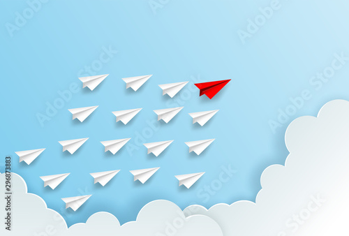 Business  leadership ,financial concept. Red paper plane leadership  to sky go to success goal. paper art style. creative idea. vector illustration.