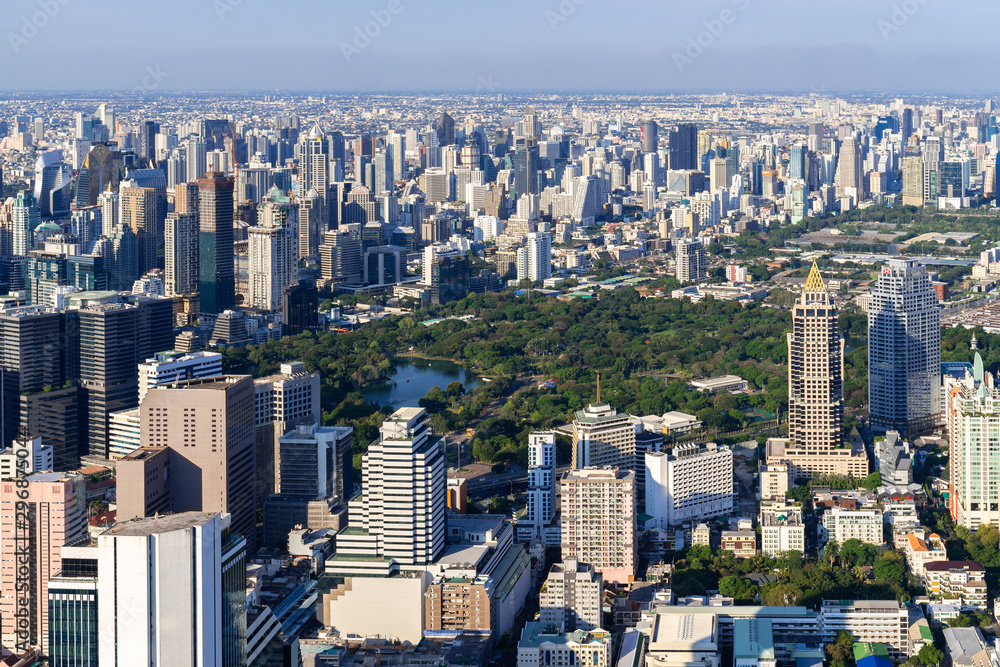 Fototapeta premium The Metropolitan Bangkok City - Aerial view urban tower Bangkok city Thailand on April 2019 , blue sky background , Cityscape Thailand