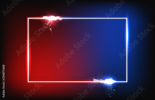 abstract background of red and blue square frame with fog and spark particle