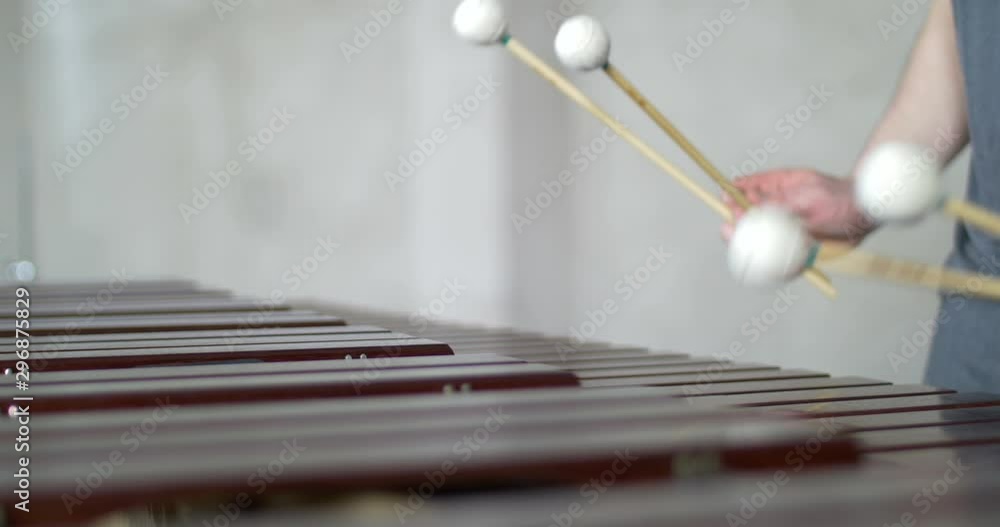Man Playing the Marimba with white mallets and grey Outfit Closeup Man Playing the Marimba with white mallets and grey Outfit Closeup