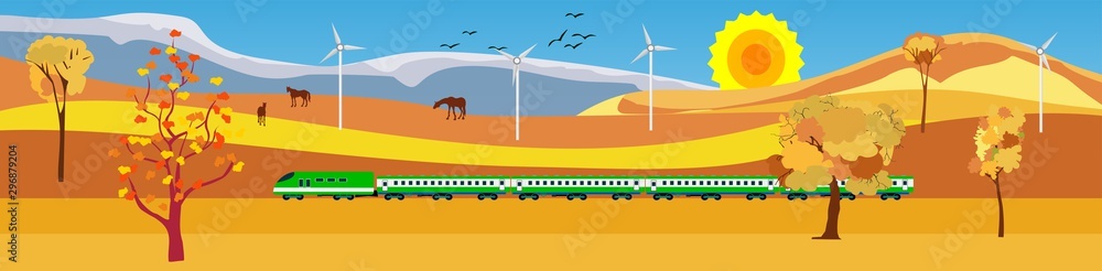 Flat vector illustration of countryside landscape golden hills view, train driving near the mountains ,in background. Banner horizontal panorama.