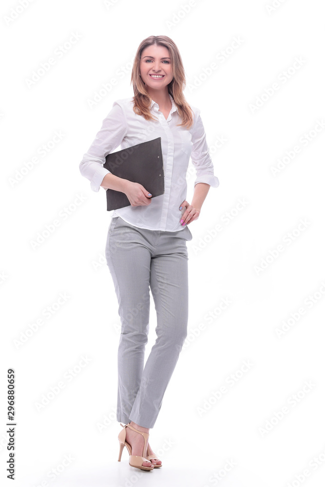 in full growth. confident young business woman in full growth. confident young business woman
