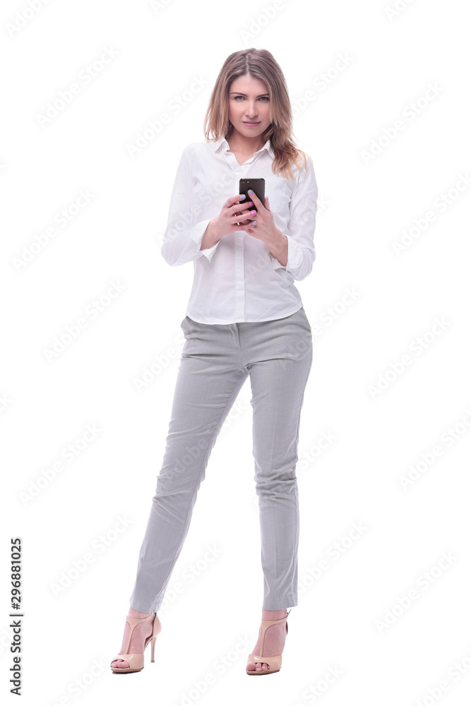 smiling business woman reading e-mail on her smartphone. isolated on white