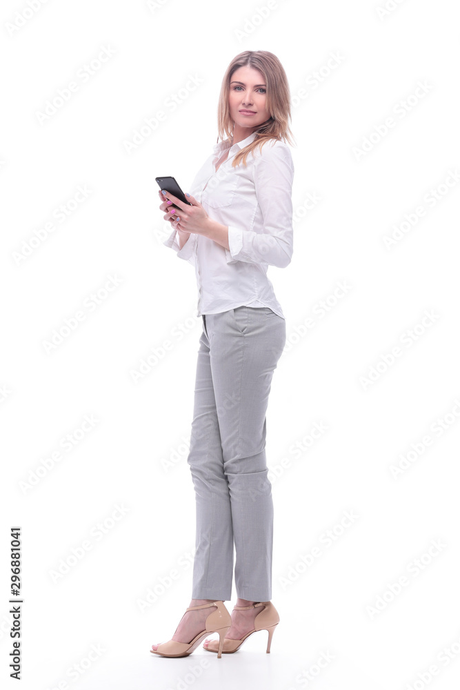 smiling business woman reading e-mail on her smartphone. isolated on white smiling business woman reading e-mail on her smartphone. isolated on white