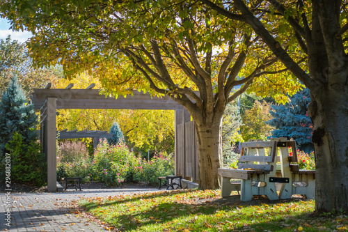benches back to back under the trees, park, wooden arch, entrance to the rose gardens in Riverside Park, Kamloops, BC, Canada. Tranquil solitude relaxation, nobody around, fall trees and leaves
