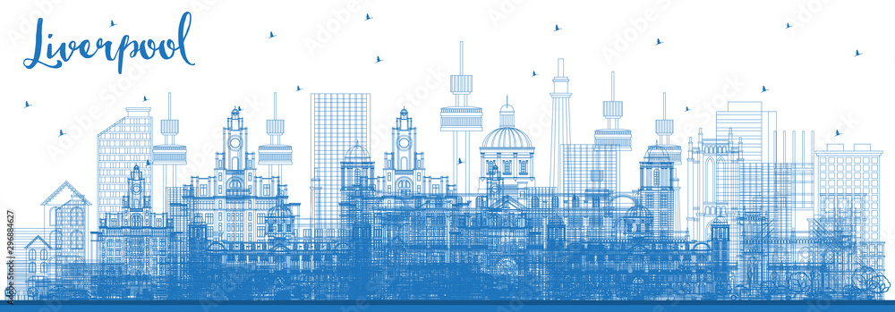 Outline Liverpool Skyline with Blue Buildings.